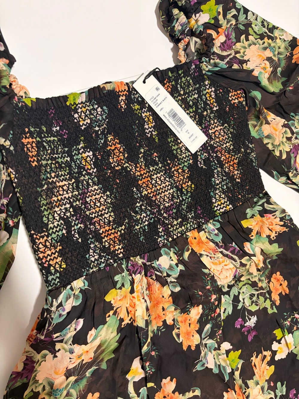 Alice + Olivia Black Floral Smocked Puff Sleeve Dress